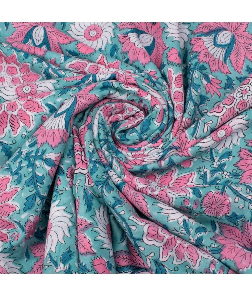 Handmade Crystal Blue Multi Floral Block Printed Fabric 