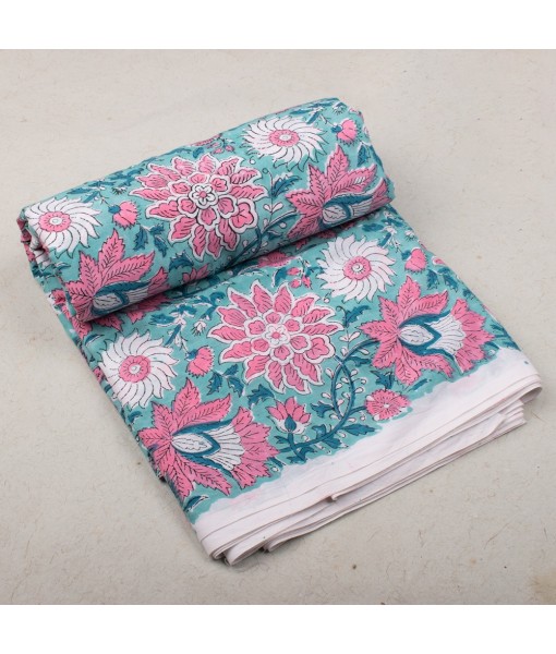 Handmade Crystal Blue Multi Floral Block Printed Fabric 