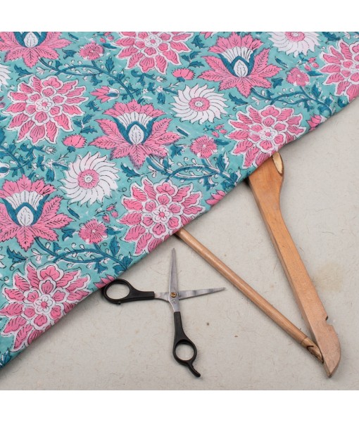 Handmade Crystal Blue Multi Floral Block Printed Fabric 