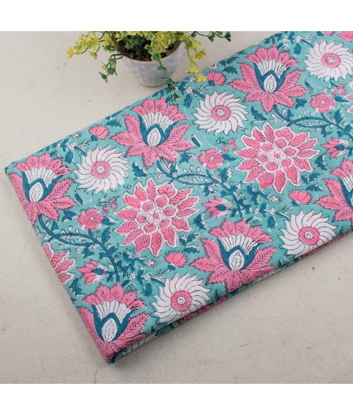 Handmade Crystal Blue Multi Floral Block Printed Fabric 