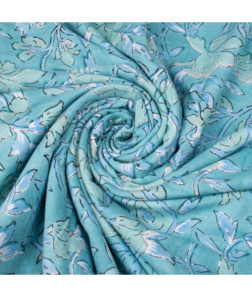 Handmade Sky Blue Multi Floral Block Printed Fabric Dress Material