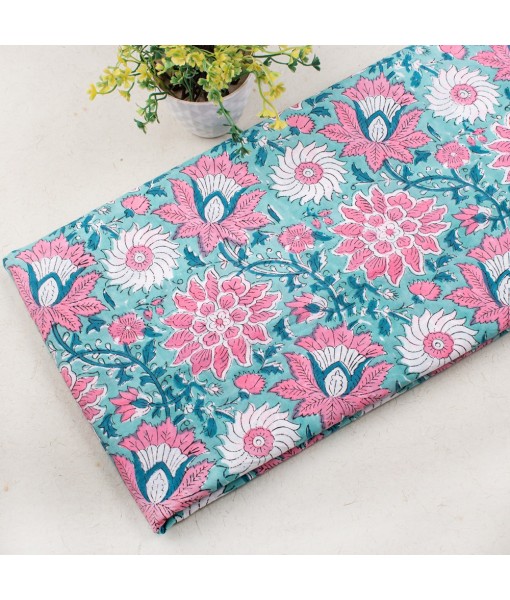 Handmade Dark Sky Blue Multi Floral Block Printed Fabric 