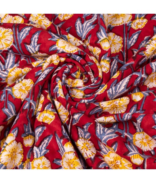 Handmade Red Floral Block Printed Cotton Fabric Dress Material