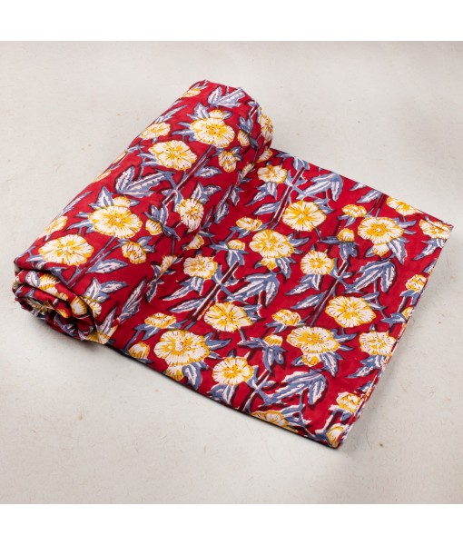 Handmade Red Floral Block Printed Cotton Fabric Dress Material