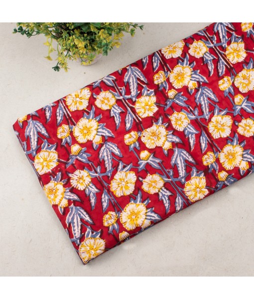 Handmade Red Floral Block Printed Cotton Fabric Dress Material