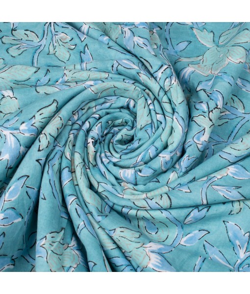 Handmade Moonstone Blue Multi Floral Block Printed Fabric