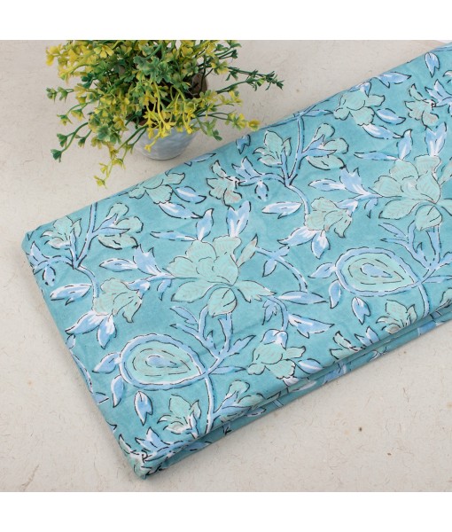 Handmade Moonstone Blue Multi Floral Block Printed Fabric