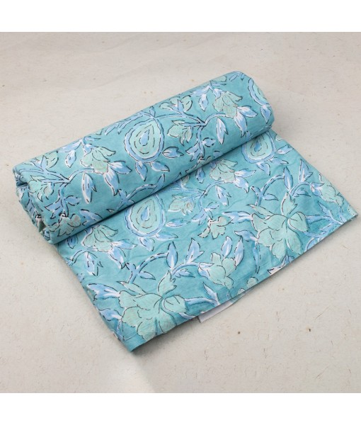 Handmade Moonstone Blue Multi Floral Block Printed Fabric