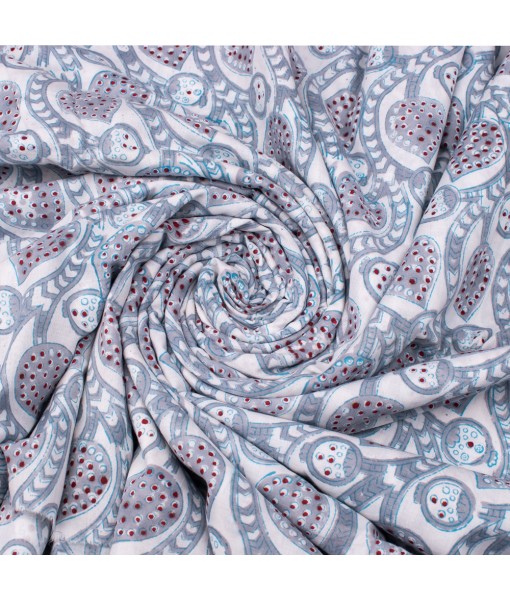 Handmade Light Gray Multi Floral Block Printed Fabric