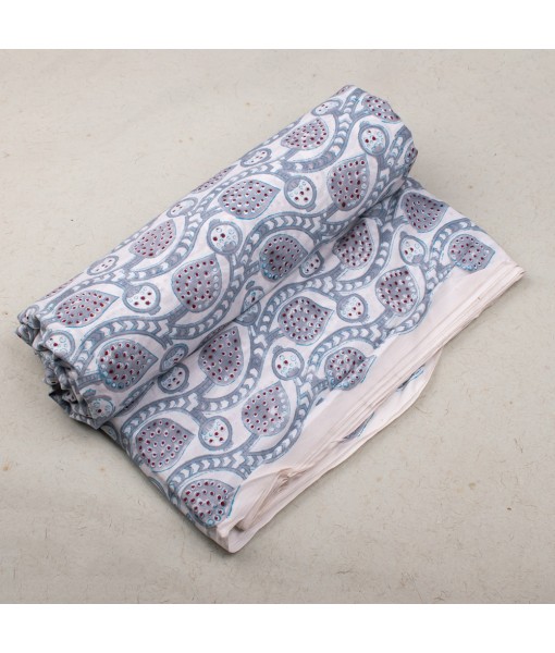 Handmade Light Gray Multi Floral Block Printed Fabric