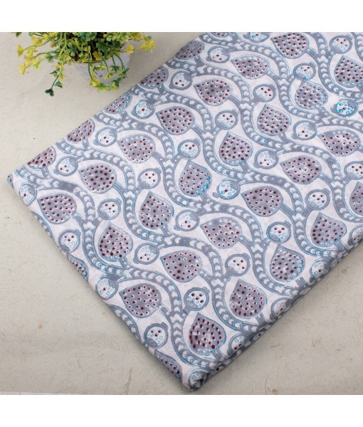 Handmade Light Gray Multi Floral Block Printed Fabric