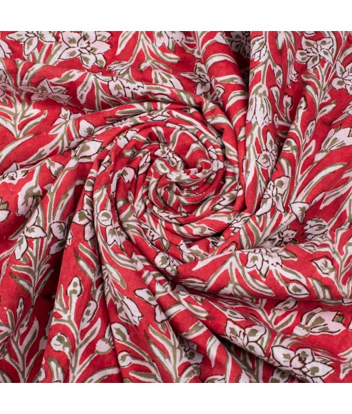 Handmade Red Multi Floral Block Printed Fabric Dress Material