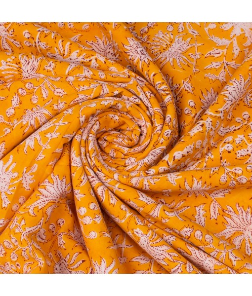 Handmade Orange Floral Block Printed Cotton Fabric Dress Material 