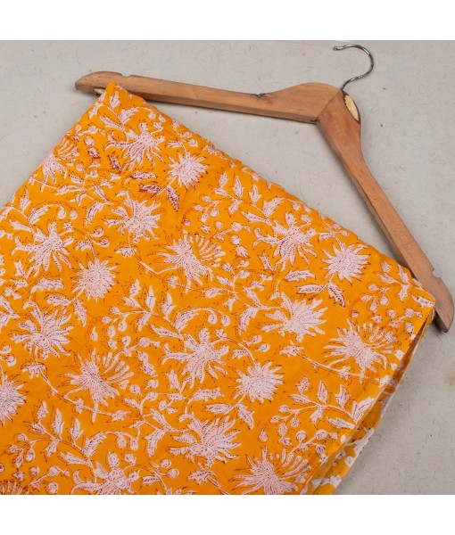 Handmade Orange Floral Block Printed Cotton Fabric Dress Material 