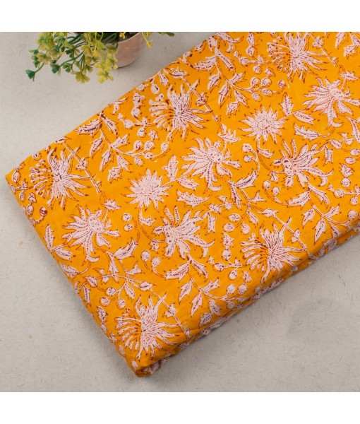 Handmade Orange Floral Block Printed Cotton Fabric Dress Material 