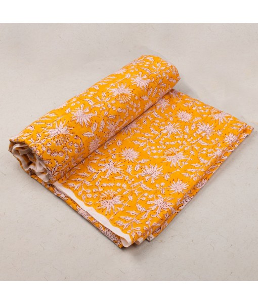 Handmade Orange Floral Block Printed Cotton Fabric Dress Material 