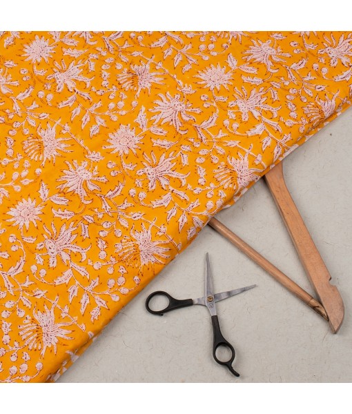 Handmade Orange Floral Block Printed Cotton Fabric Dress Material 