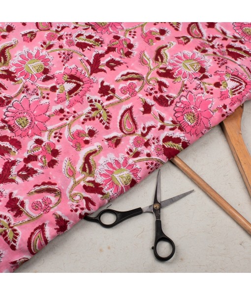 Hand Block Printed Multi Floral Pink Cotton Fabric