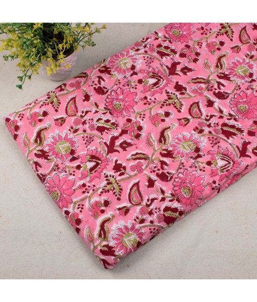 Hand Block Printed Multi Floral Pink Cotton Fabric