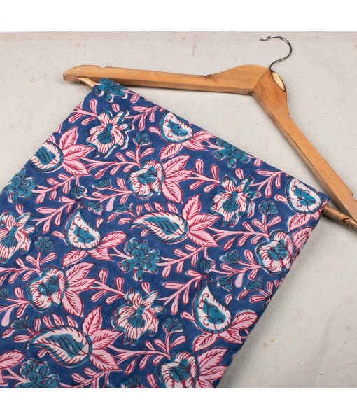 Hand Block Printed Multi Floral Blue Cotton Fabric Dress Material