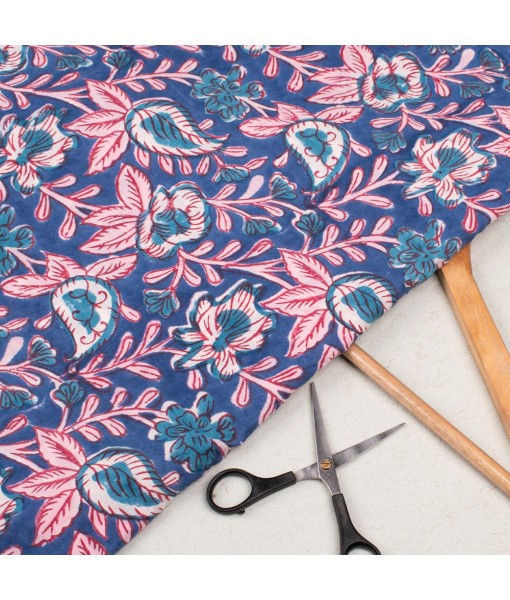 Hand Block Printed Multi Floral Blue Cotton Fabric Dress Material