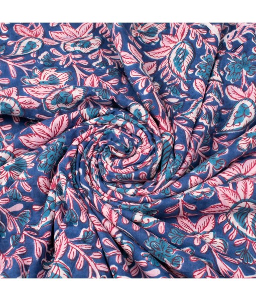 Hand Block Printed Multi Floral Blue Cotton Fabric Dress Material