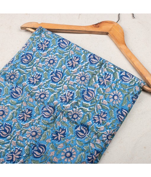 Hand Block Printed Multi Floral Sky Blue Cotton Fabric