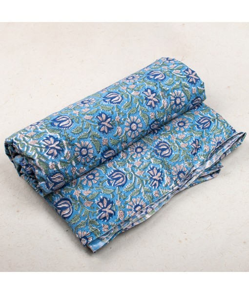 Hand Block Printed Multi Floral Sky Blue Cotton Fabric