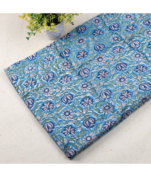 Hand Block Printed Multi Floral Sky Blue Cotton Fabric