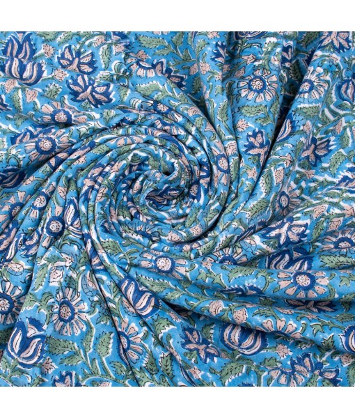 Hand Block Printed Multi Floral Sky Blue Cotton Fabric