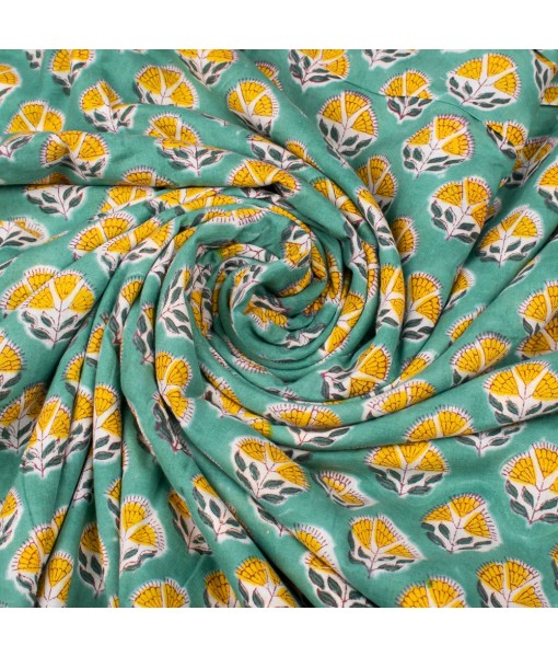 Hand Block Printed Cotton Multi Floral Green Fabric Dress Material