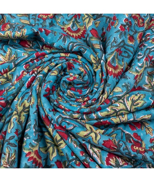 Hand Block Printed Multi Floral Light Blue Cotton Fabric