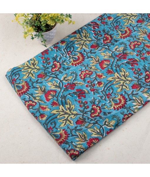 Hand Block Printed Multi Floral Light Blue Cotton Fabric