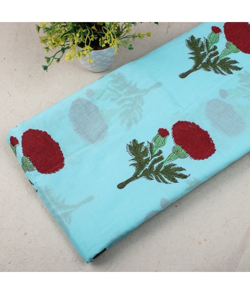 Hand Block Printed Multi Floral Blue Cotton Fabric