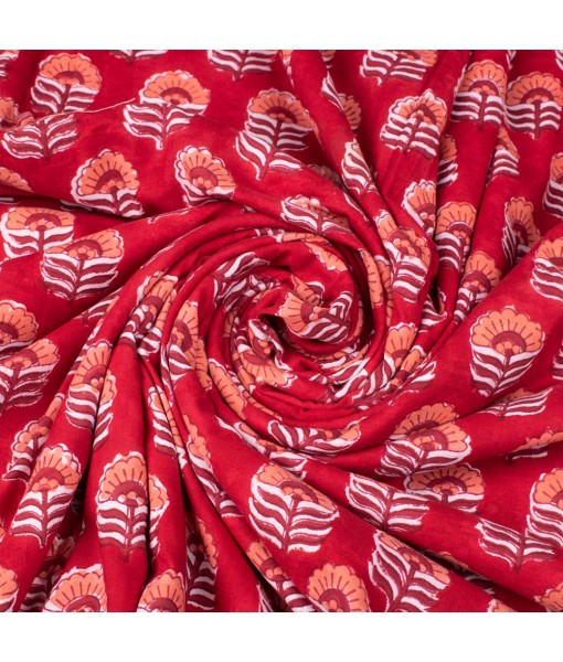 Hand Block Printed Multi Floral Red Cotton Fabric