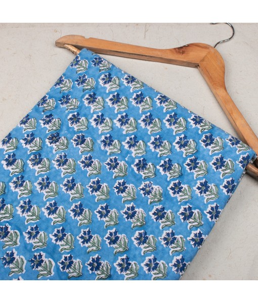 Hand Block Printed Cotton Multi Floral Azure Blue Fabric