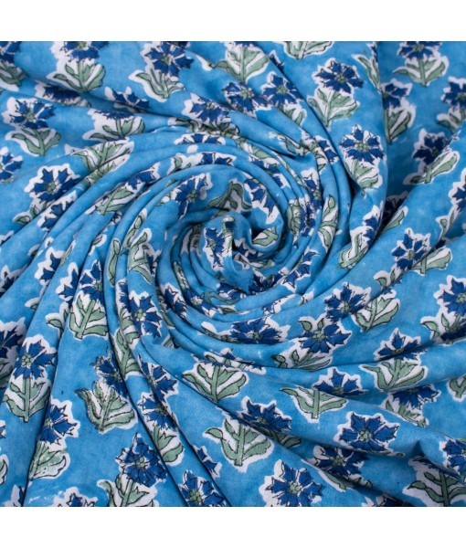 Hand Block Printed Cotton Multi Floral Azure Blue Fabric