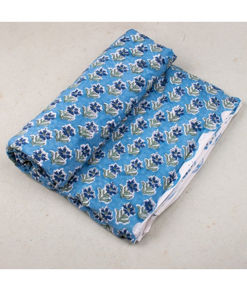 Hand Block Printed Cotton Multi Floral Azure Blue Fabric