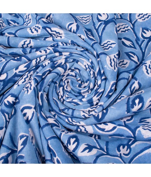 Hand Block Printed  Multi Floral Vista Blue Cotton Fabric