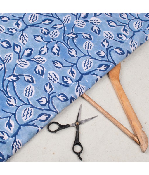 Hand Block Printed  Multi Floral Vista Blue Cotton Fabric