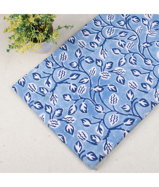 Hand Block Printed  Multi Floral Vista Blue Cotton Fabric