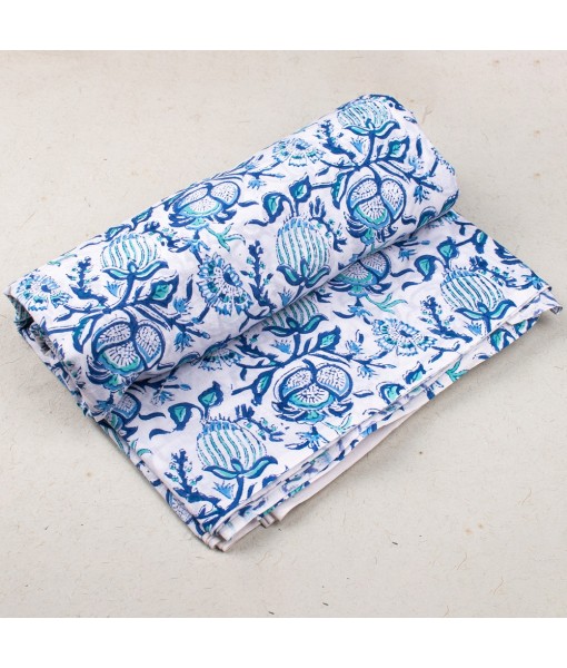 Hand Block Printed Multi Floral Azureish White Cotton Fabric