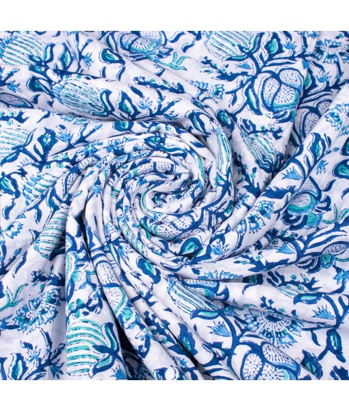 Hand Block Printed Multi Floral Azureish White Cotton Fabric