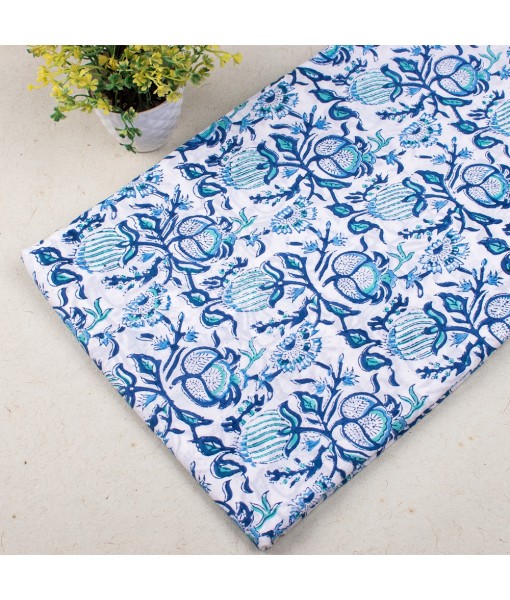 Hand Block Printed Multi Floral Azureish White Cotton Fabric