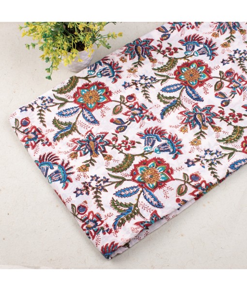 Hand Block Printed Cotton Multi Floral White Fabric