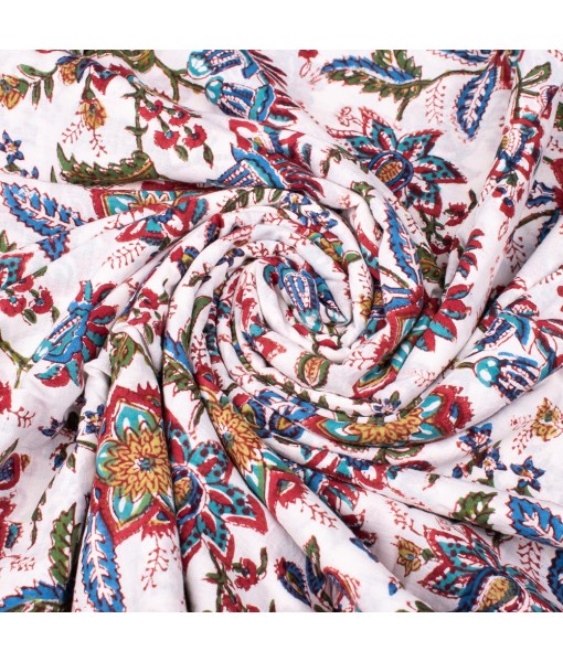 Hand Block Printed Cotton Multi Floral White Fabric