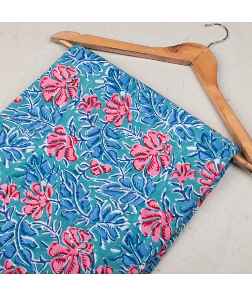 Handmade Block Printed Cotton Multi Floral Blue Fabric