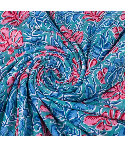 Handmade Block Printed Cotton Multi Floral Blue Fabric