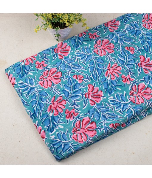 Handmade Block Printed Cotton Multi Floral Blue Fabric