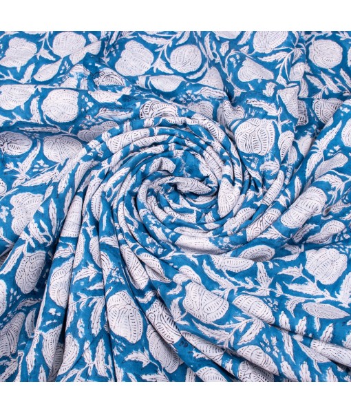 Handmade Block Printed Cotton Multi Floral Sky blue Fabric